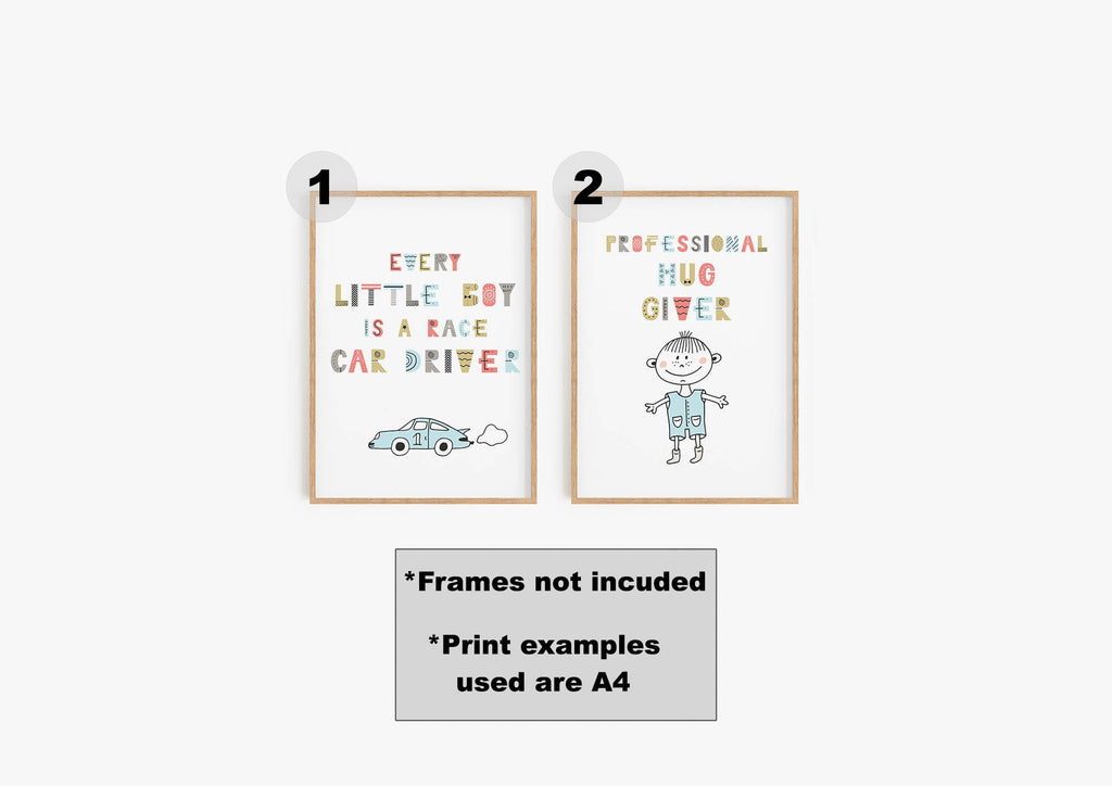 2 A4 prints: Charming Racer & Whimsical Hug Giver from Wall Funk. Frames not included. Perfect for a child's room!.