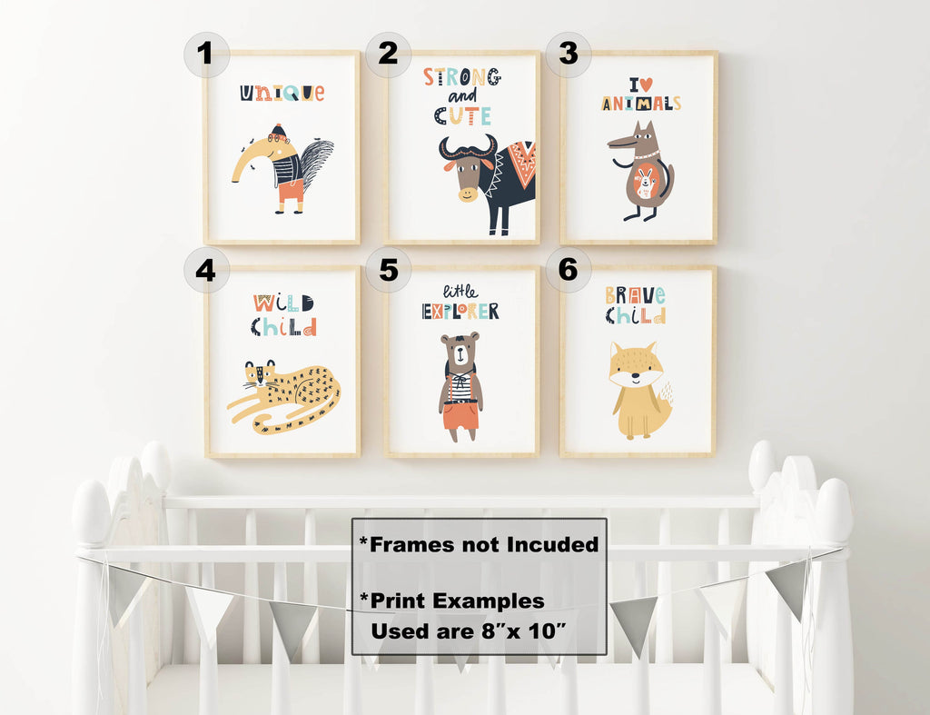 Wall Funk's NP#88: Six high-quality, custom-sized animal prints for nursery, above a white crib. Scandinavian & boho designs available.