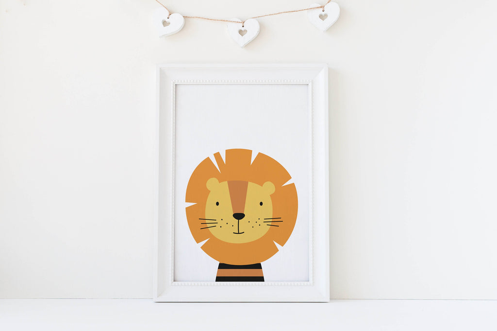 A Wall Funk "Safari Nursery Prints" lion illustration hangs on a white wall with heart-shaped decorations above.