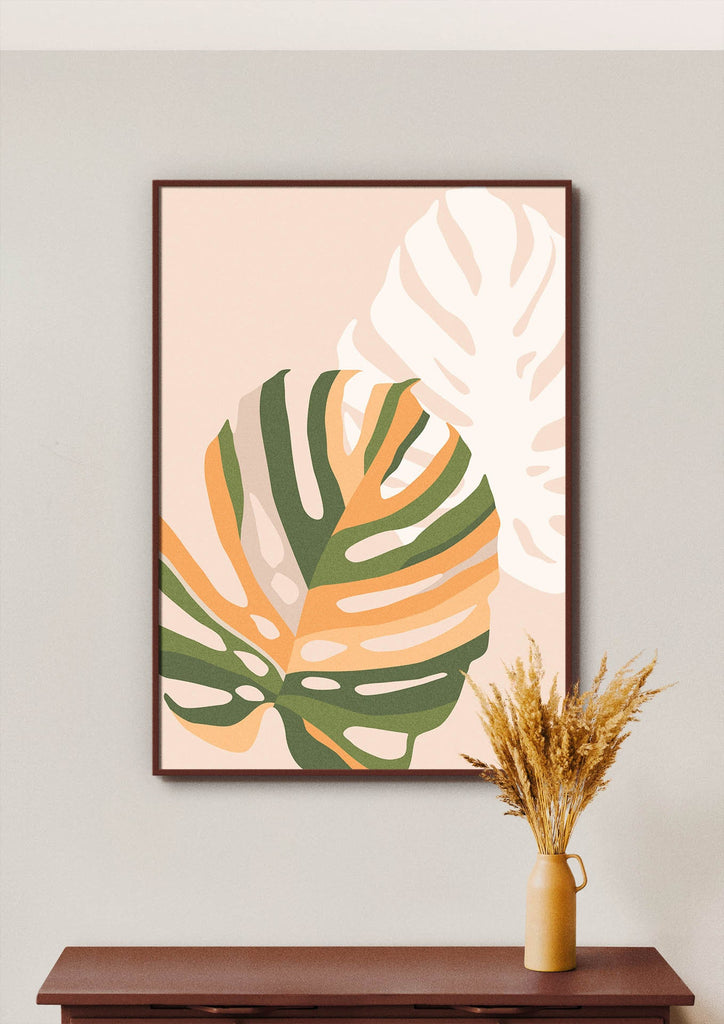 Floral Abstract Wall Art by Wall Funk: Green, orange, and cream above table with vase of dried wheat. Custom sizes available.