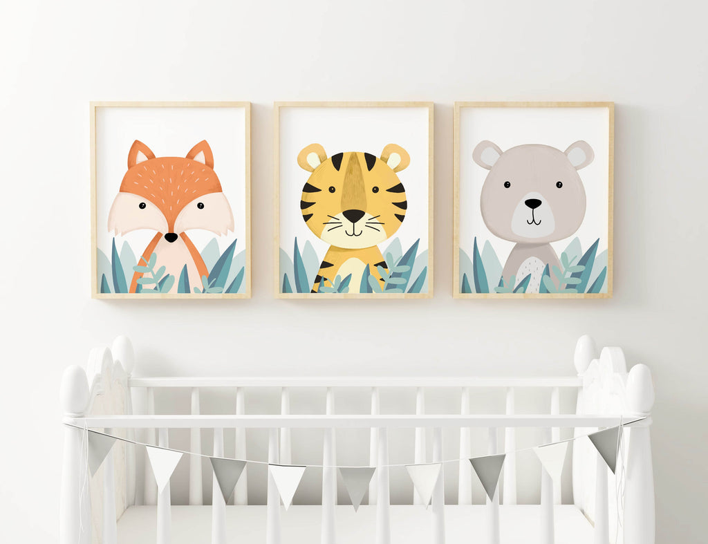 Wall Funk's Children's Wild Safari Animals Wall Art Prints, featuring a fox, tiger, and bear, hang above a white crib with a triangle banner.