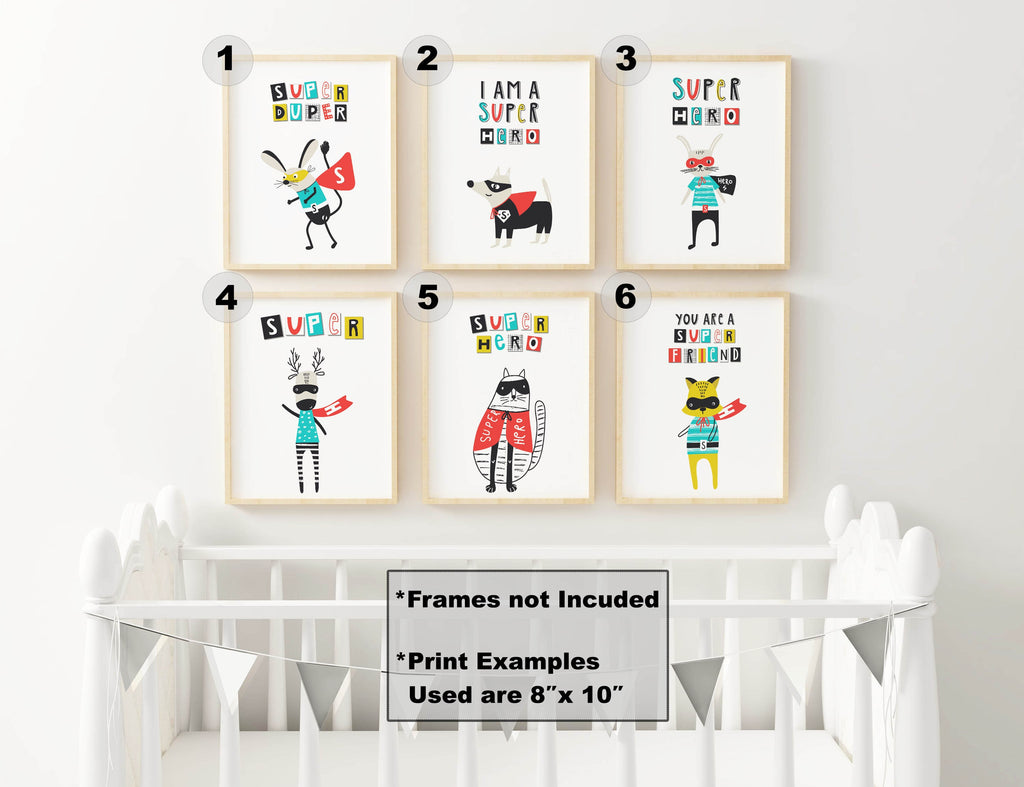 Nursery Art Prints by Wall Funk adorn the wall above a crib; each 8"x10", frames not included.