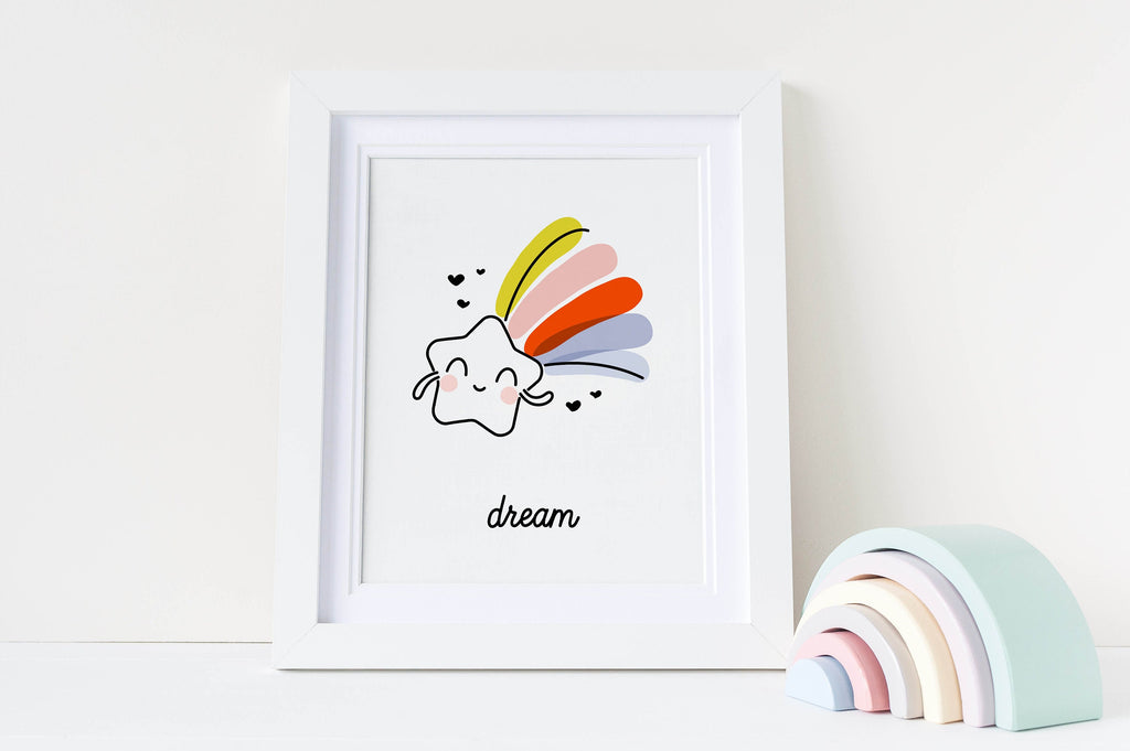 Wall Funk offers "Dream Big" nursery art with a smiling star and rainbow. Custom sizes available.