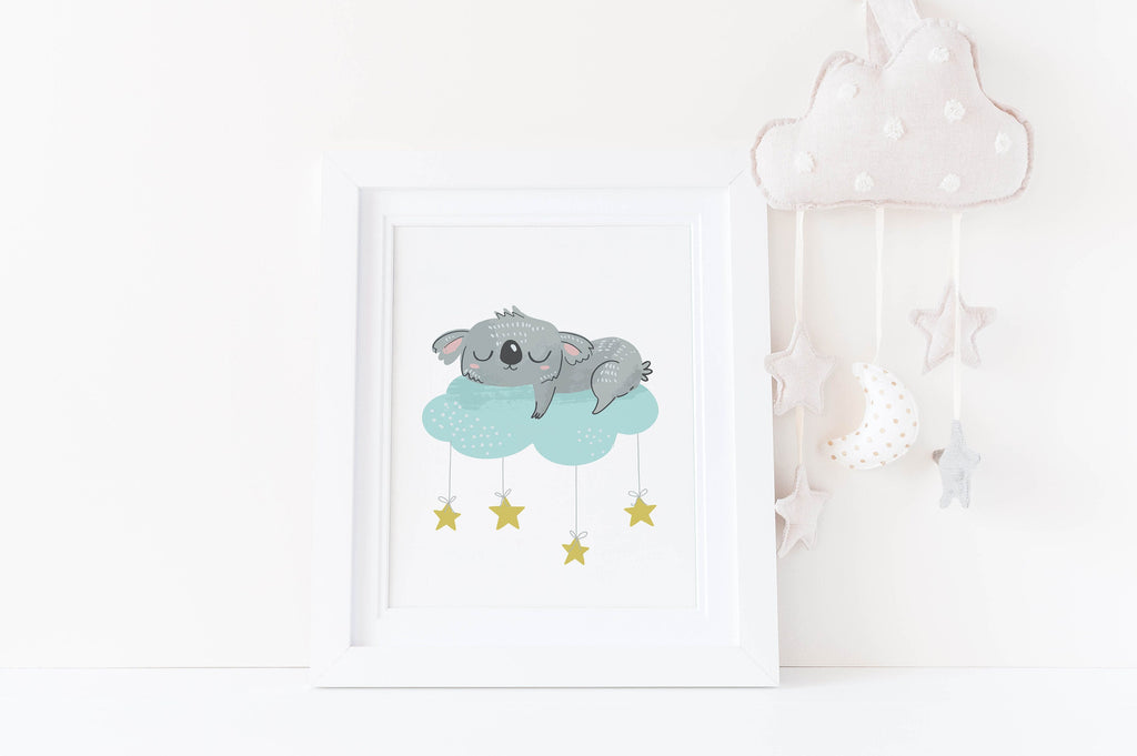 Wall Funk's NP#34: Cute koala on a cloud nursery art prints. Custom sizes, high-quality card. Perfect for children's rooms.