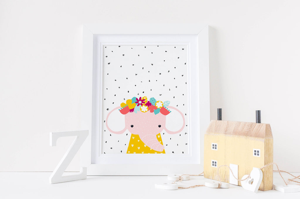 Wall Funk's NP#86 Nursery Art Prints feature a cute elephant with a flower crown; available in custom sizes for Animal Nursery Prints.