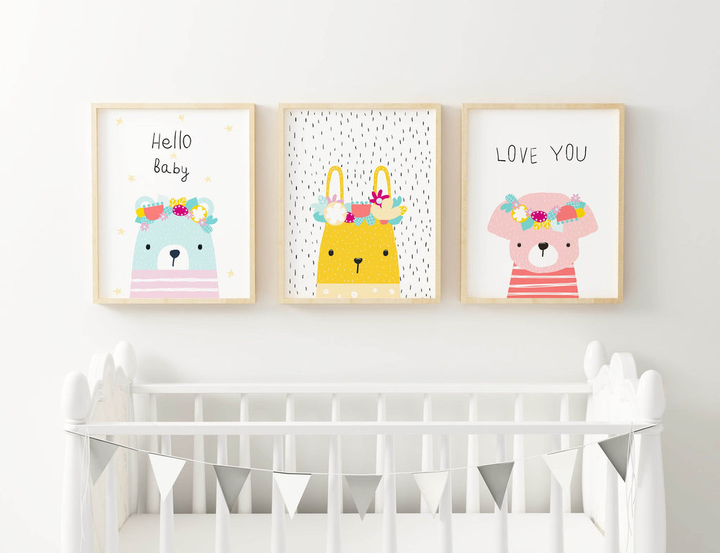 Wall Funk's NP#85 features three framed safari animal nursery prints above a white crib, each available in custom sizes.