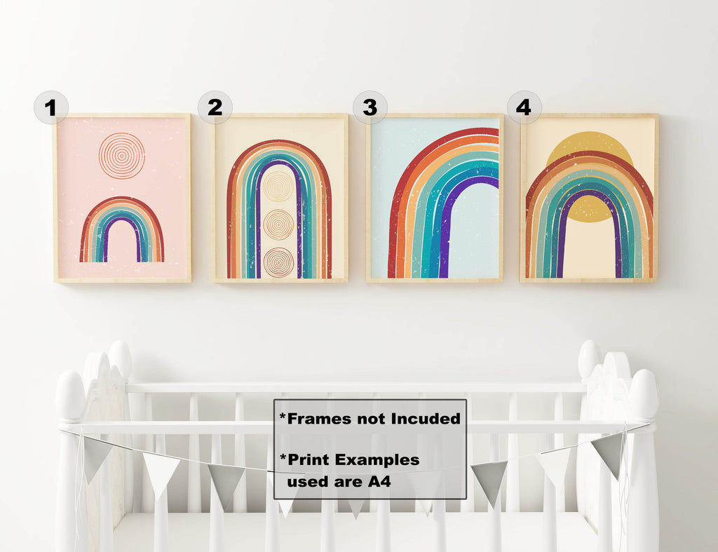 Wall Funk's Rainbow Nursery Art Prints brighten the wall above a crib. A4 examples, custom sizes available. Frames not included.