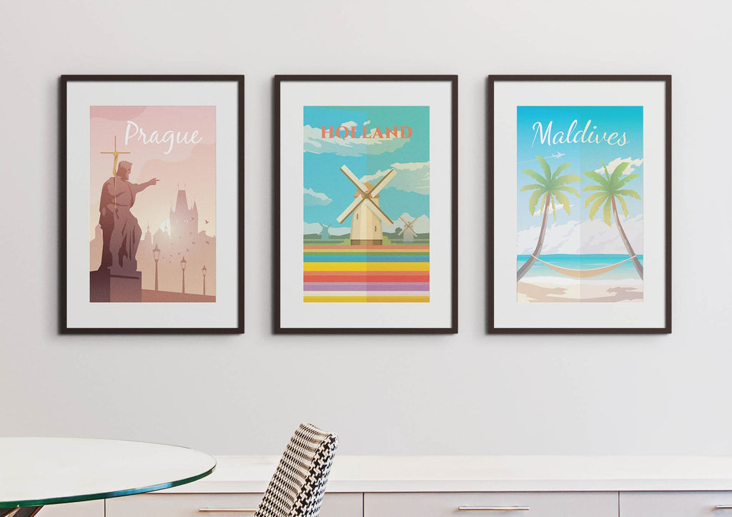 Three Wall Funk prints on high-quality card: Prague, Holland, and Maldives with iconic illustrations.