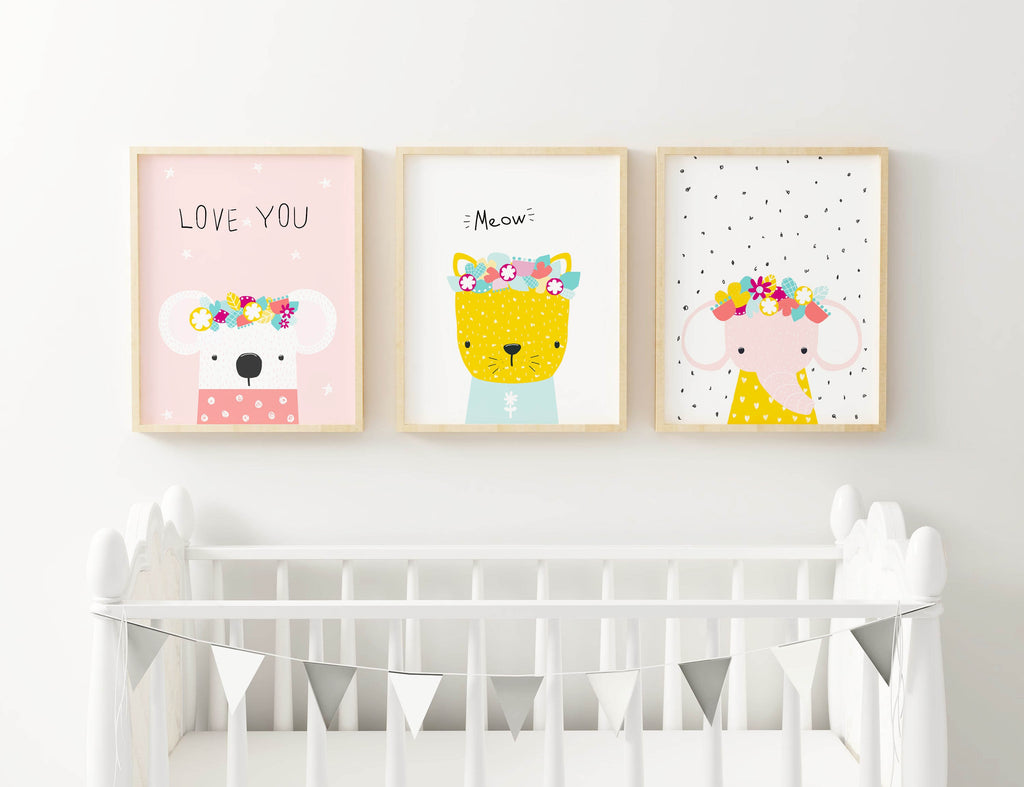 Wall Funk's Safari Animal Nursery Prints with floral crowns enhance a white crib; custom sizes available. NP#86.