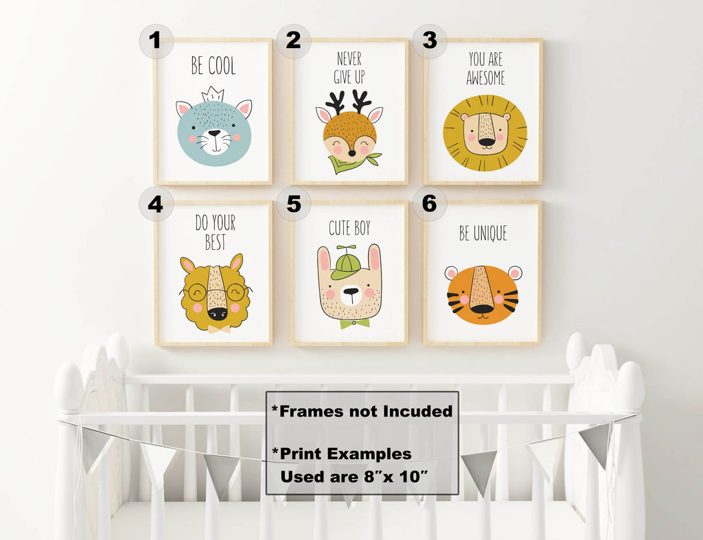 Six Wall Funk NP#92 nursery prints with motivational phrases and high-quality animal designs are displayed above a white crib.