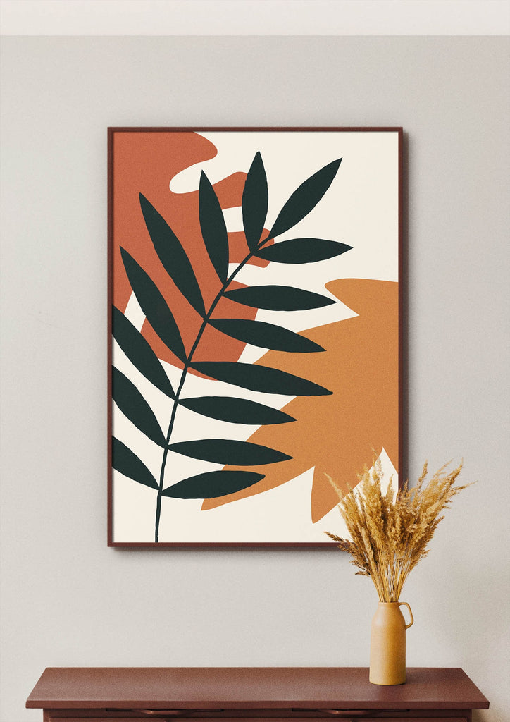 Wall Funk's Floral Abstract Wall Art in earthy tones hangs above a table with Floral Prints and a vase of dried flowers.