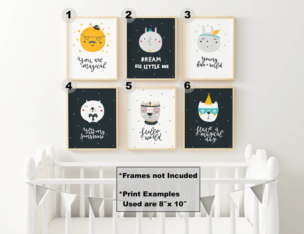 Set of six Whimsical Boho Wall Art Prints by Wall Funk, with charming illustrations and quotes above a white crib with bunting.