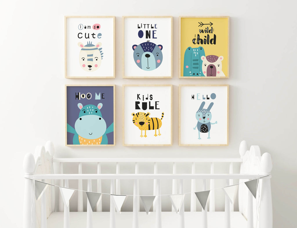 Wall Funk's whimsical nursery art prints featuring adorable animals hang above a crib, adding playful joy to your little one's room.