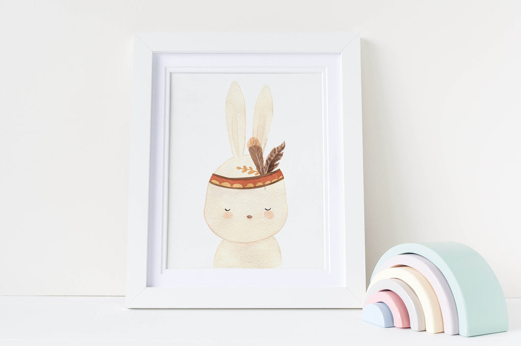 Wall Funk's Safari Nursery Prints (NP#07): Boho print of cute bunny in feather headdress, perfect with a pastel wooden rainbow decor.