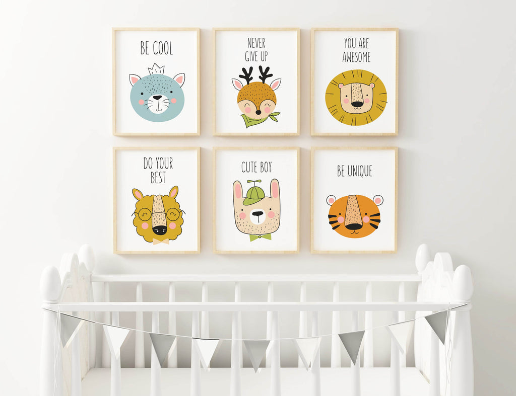 The Wall Funk Nursery Art Prints NP#92 features six animal-themed prints with quotes, available in custom sizes and high-quality card.