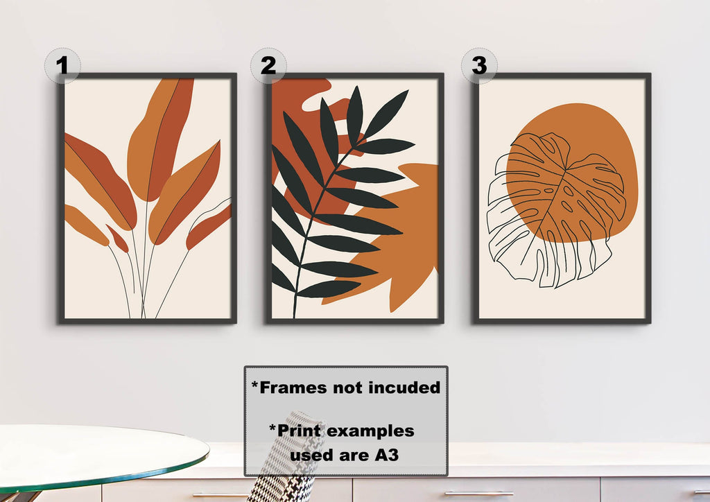 Wall Funk's Floral Abstract Wall Art features 3 earth-toned leaf prints on high-quality card, perfect for your wall.