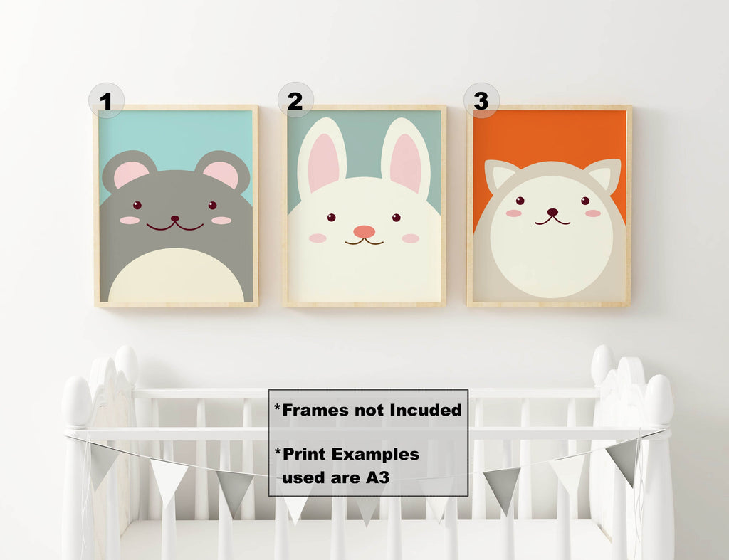 Wall Funk's Nursery Animal Prints, including a mouse, rabbit, and cat, adorn the wall above a white crib. Available in custom sizes.