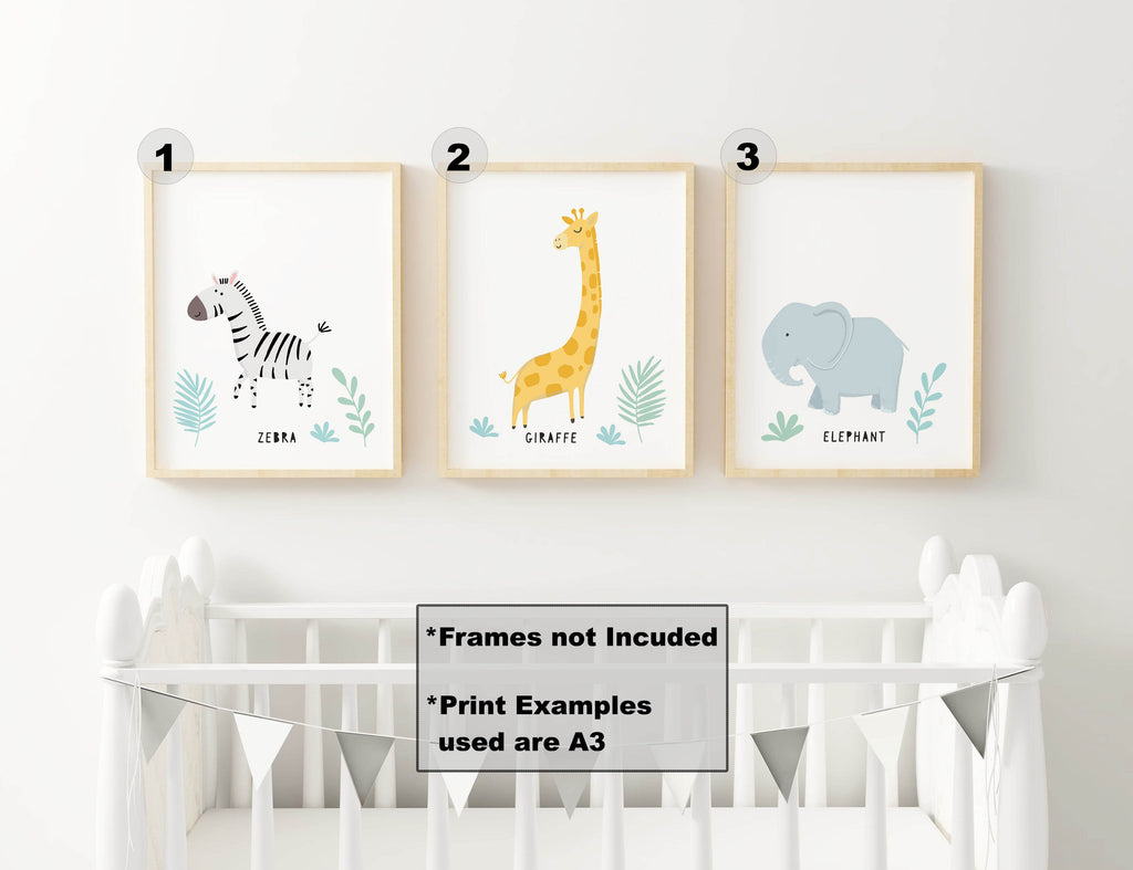 Wall Funk's Safari Nursery Art Prints feature a zebra, giraffe, and elephant above a crib. High-quality A3 card. NP#28.