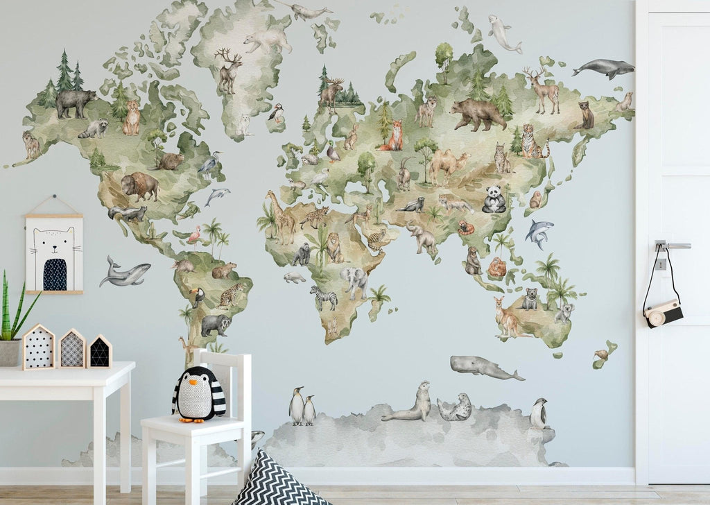 a map of the world with animals painted on it