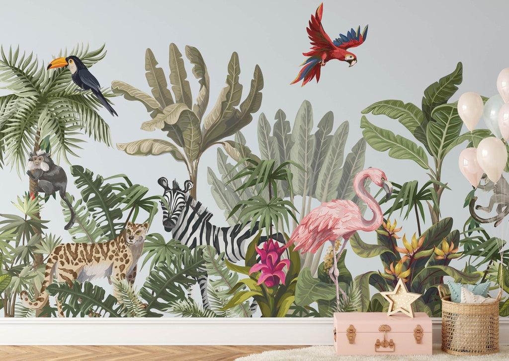 a room with a wall mural of tropical jungle plants and animals