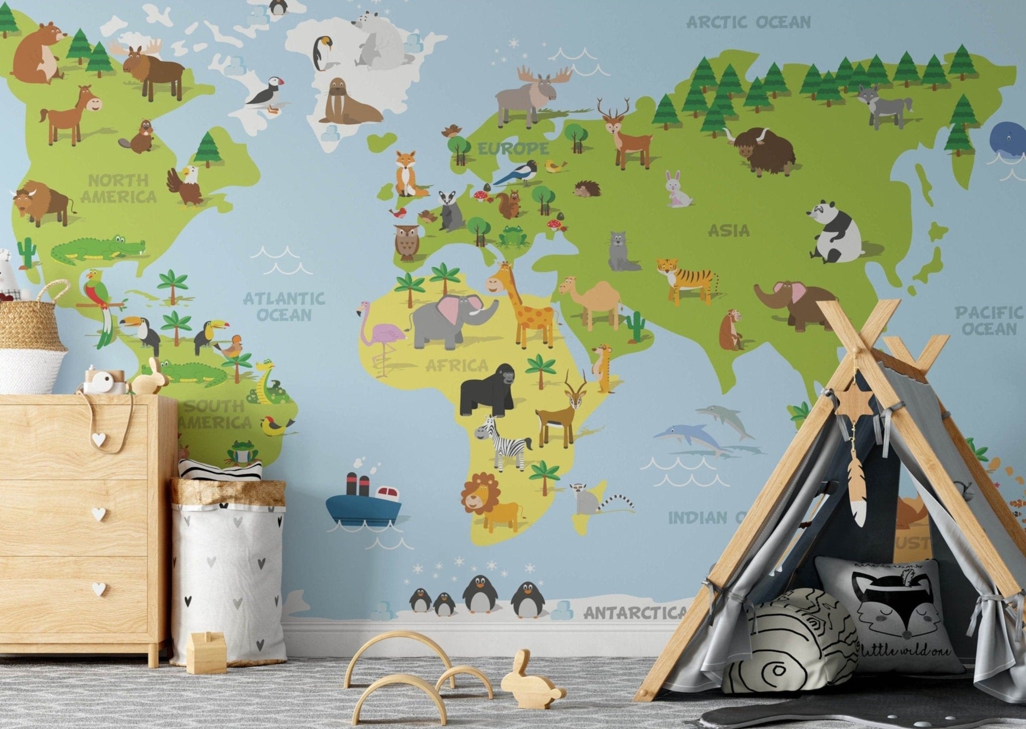 Animal World Map Wall Mural, Children's Murals
