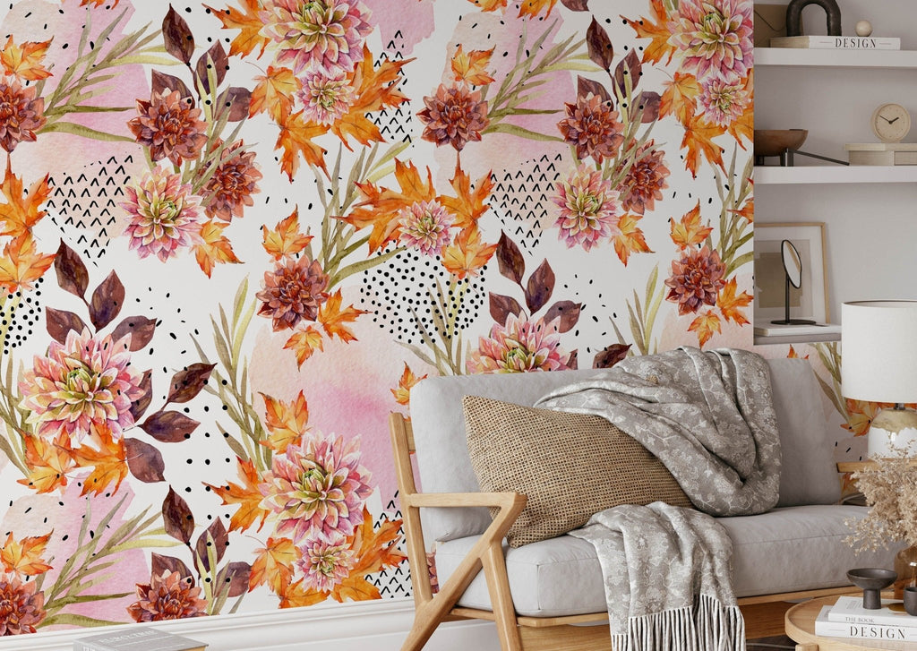 a living room with a floral wallpaper and a chair