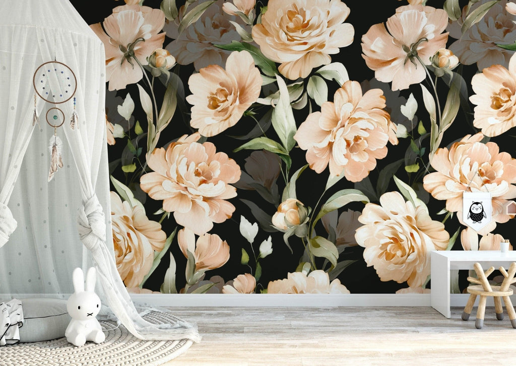 Black and Peach Floral Wallpaper Sample - Wall Funk