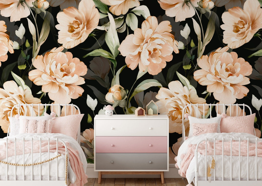 Black and Peach Floral Wallpaper - Wall Funk