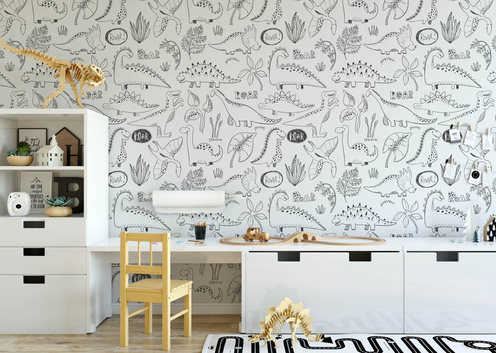 Black & White Dinosaurs Wallpaper Sample - Wall Funk