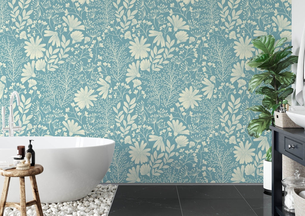 Blue & Cream Floral Wallpaper Sample - Wall Funk