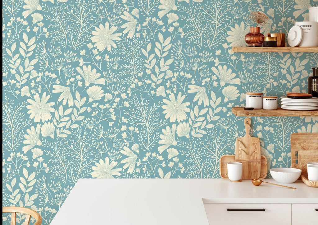 Blue & Cream Floral Wallpaper - Wall Funk
