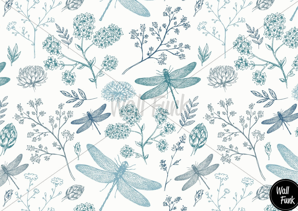 Blue Dragonflies Floral Wallpaper Sample - Wall Funk