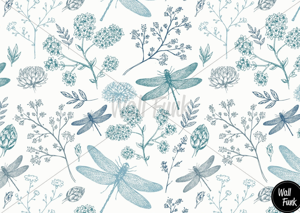 Blue Dragonflies Floral Wallpaper - Wall Funk