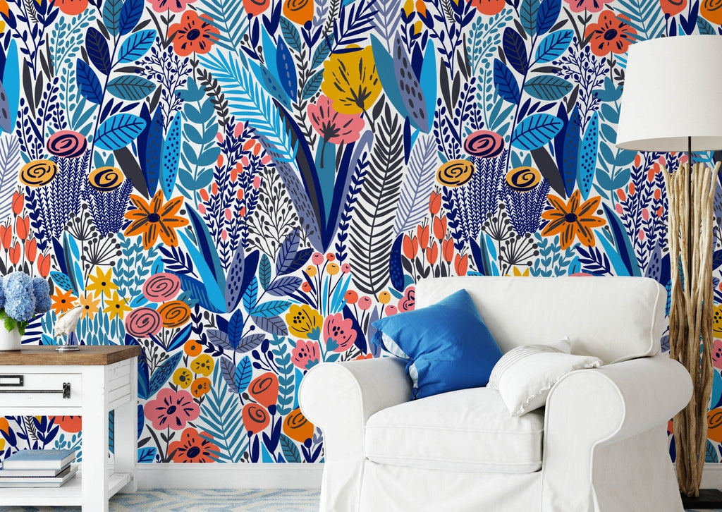 Blue Meadow Floral Wallpaper - Wall Funk