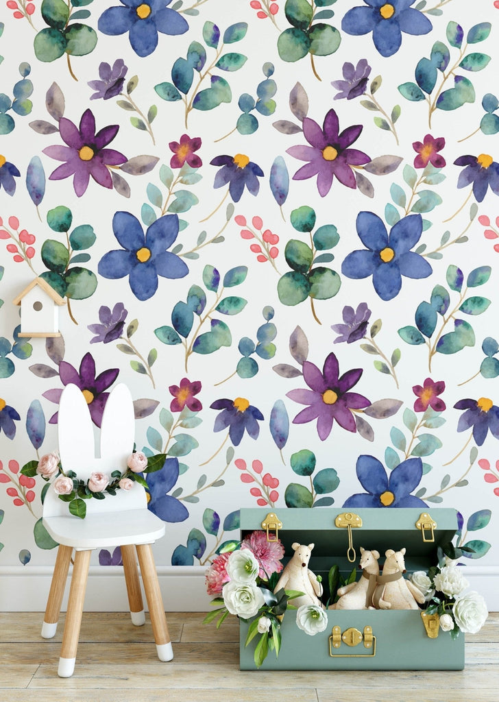 Blue & Purple Floral Wallpaper Sample - Wall Funk