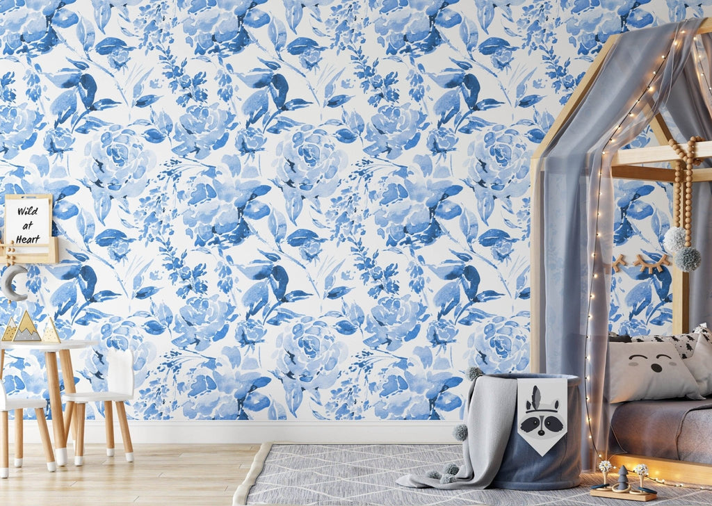 Blue Watercolour Floral Wallpaper - Wall Funk
