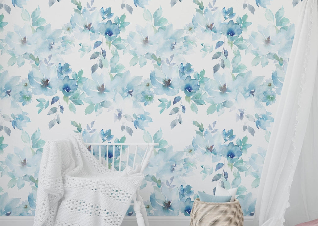 Blue Watercolour Floral Wallpaper - Wall Funk