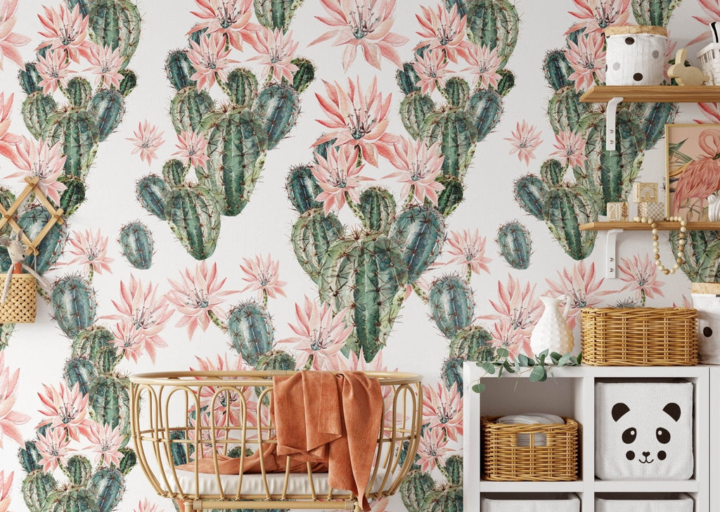 a cactus wallpaper with pink and green flowers