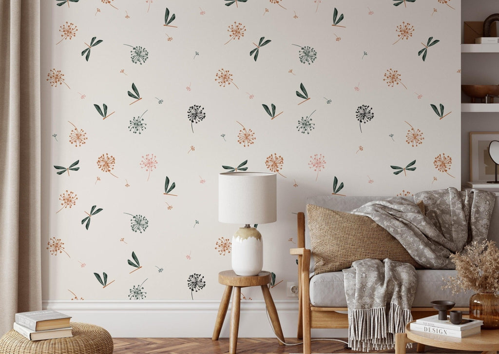 a living room featuring a boho floral wallpaper