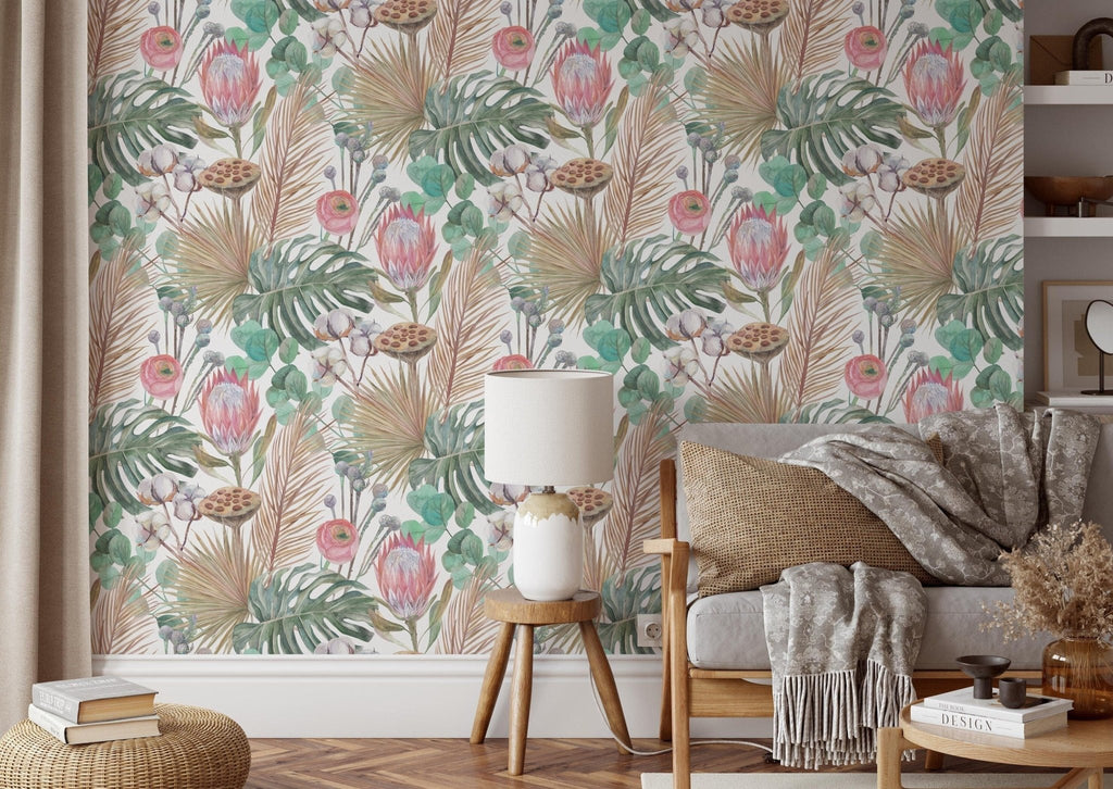 a living room featuring tropical floral wallpaper