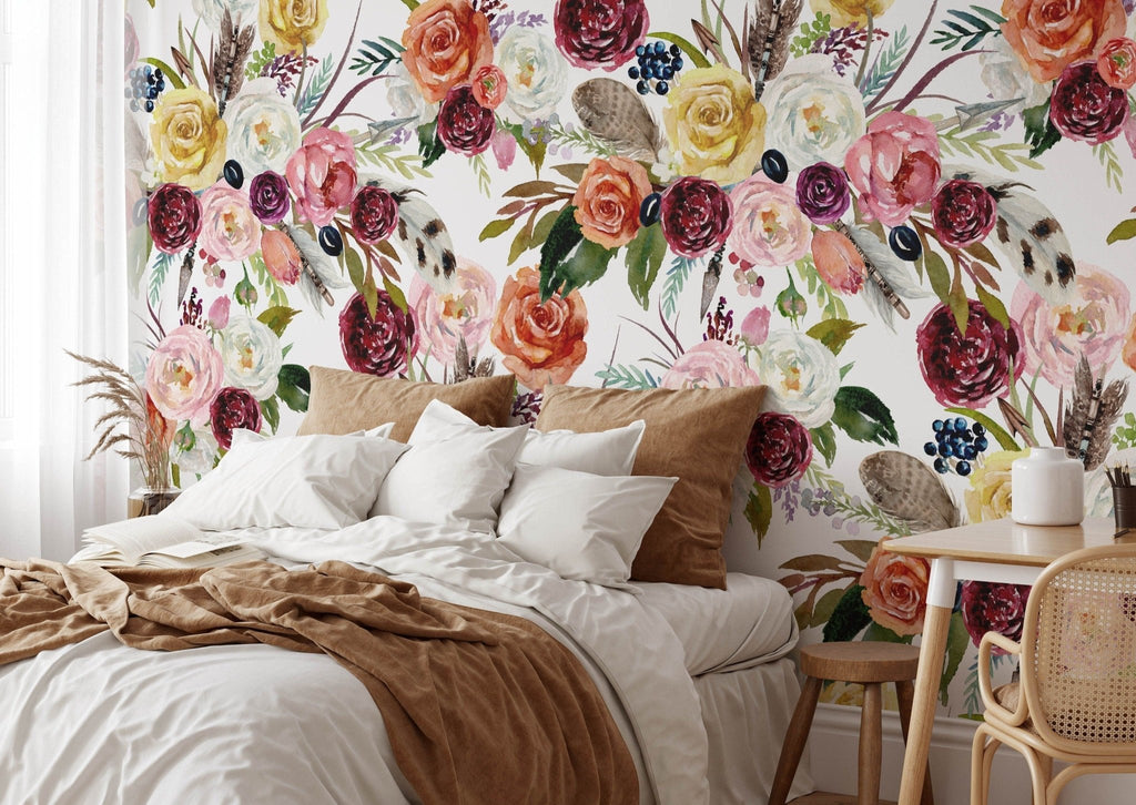 a bedroom with a floral wallpaper 
