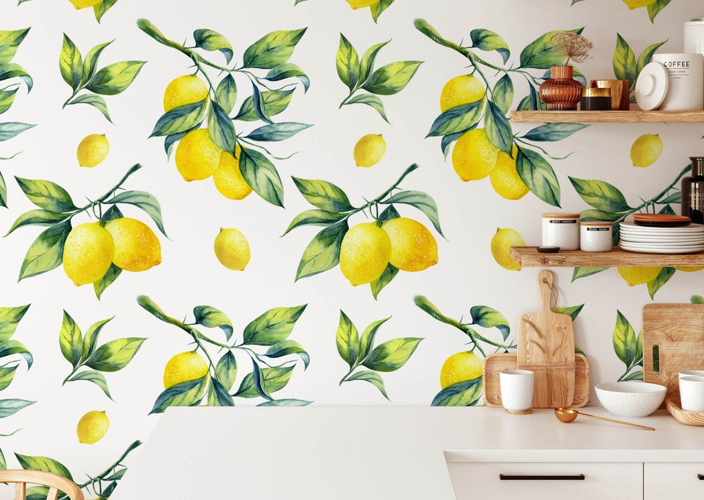 a kitchen wall featuring wallpaper with lemons on it