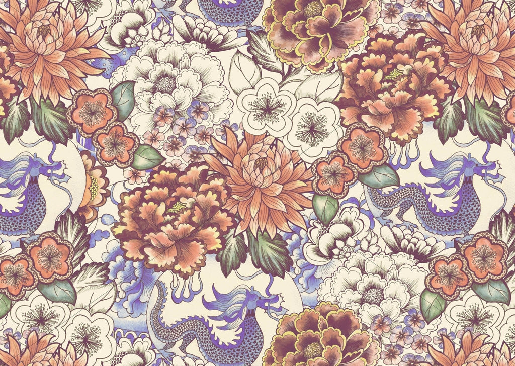 Chinese Dragon Floral Wallpaper Sample - Wall Funk