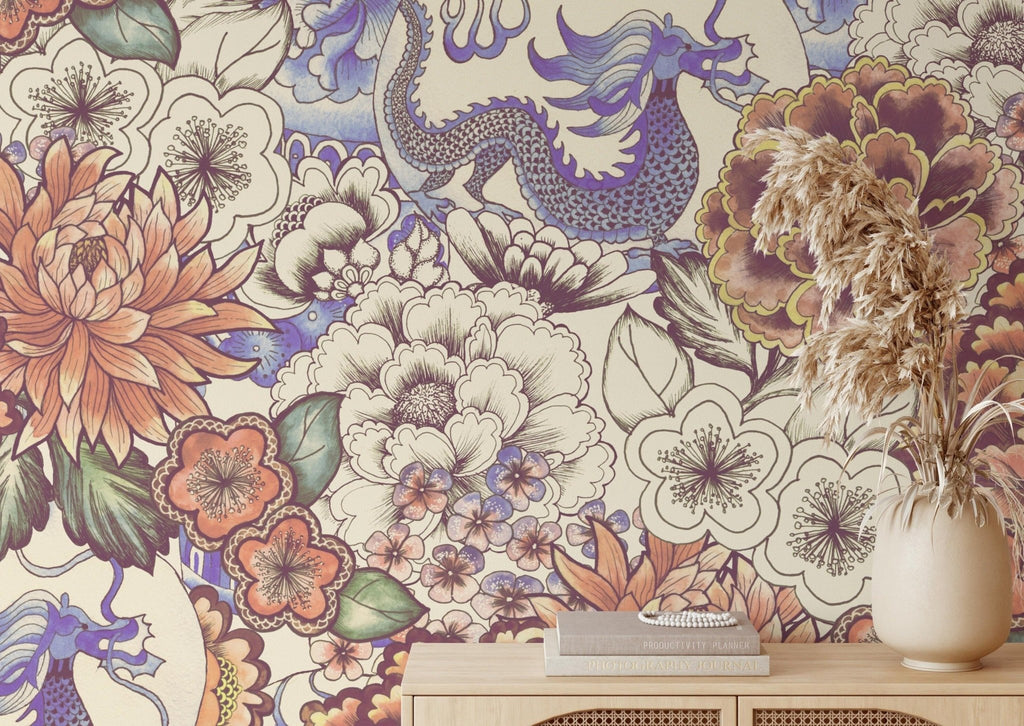 Chinese Dragon Floral Wallpaper - Wall Funk