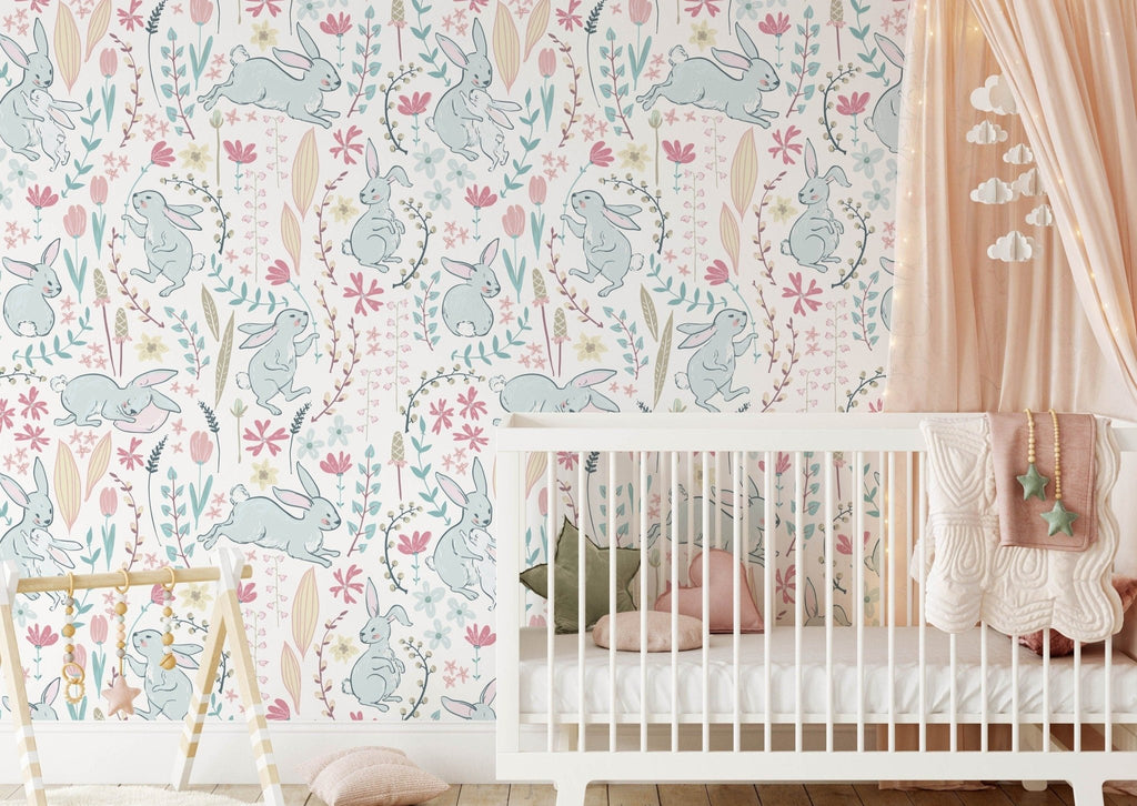 Cute Baby Rabbits & Blooms Wallpaper - Wall Funk