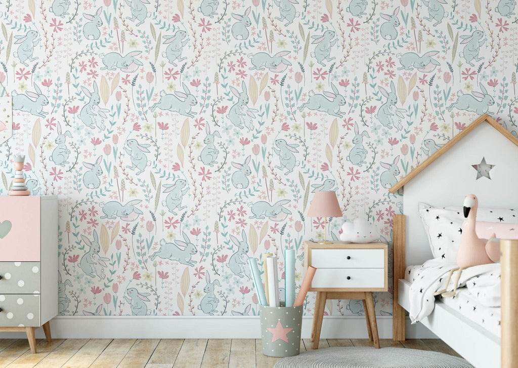 Cute Baby Rabbits & Blooms Wallpaper - Wall Funk