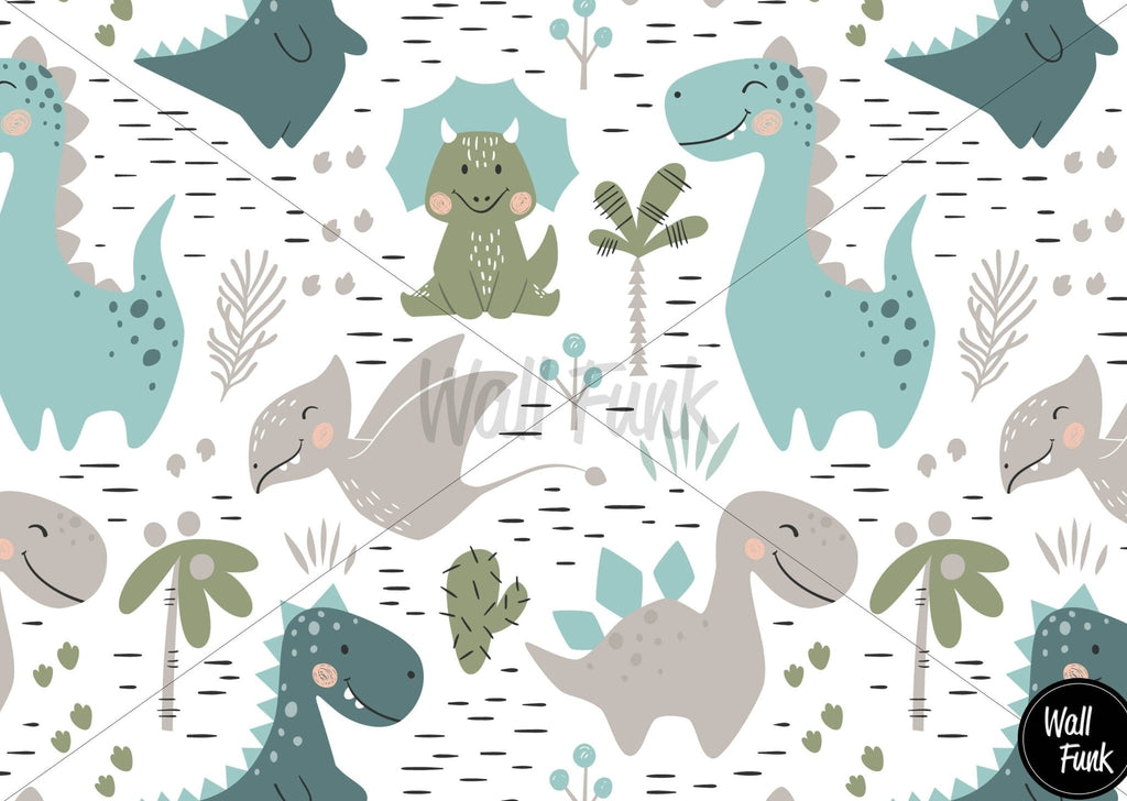 Cute Blue & Green Dinosaurs Wallpaper Sample - Wall Funk
