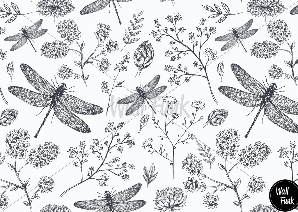 Dragonflies & Blooms Black and White Wallpaper Sample - Wall Funk