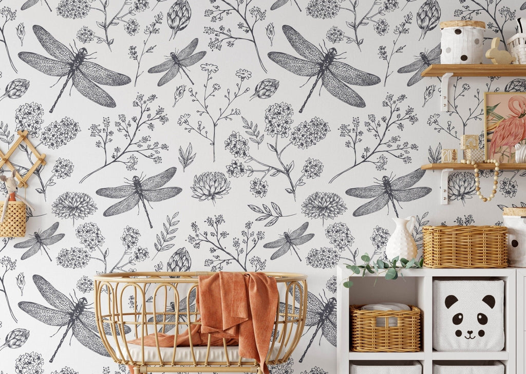 Dragonflies & Blooms Black and White Wallpaper - Wall Funk
