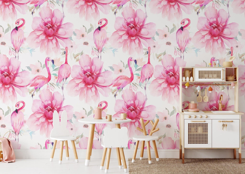 Flamingoes & Flowers Pink Wallpaper - Wall Funk